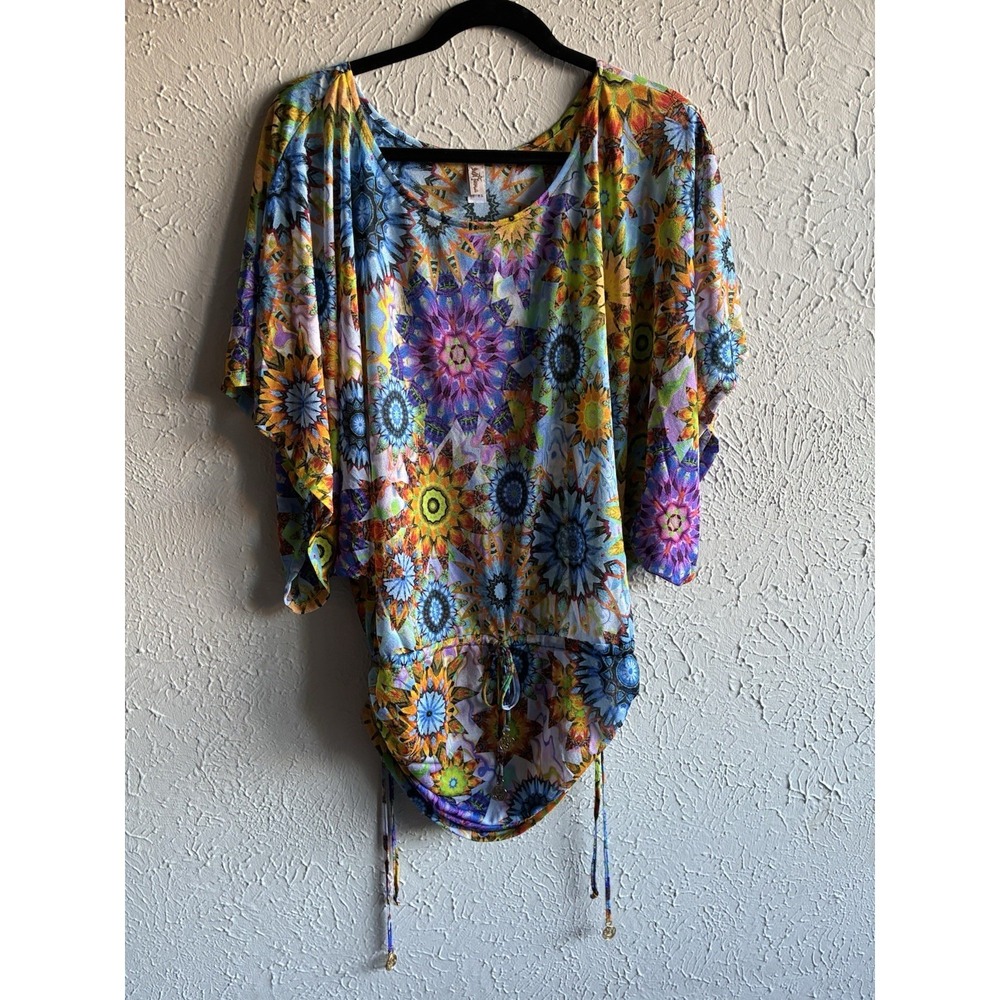 Luli Fama Medium Kaleidoscope Print Batwing Swim Cover Up Resort Tunic - Picture 2 of 16